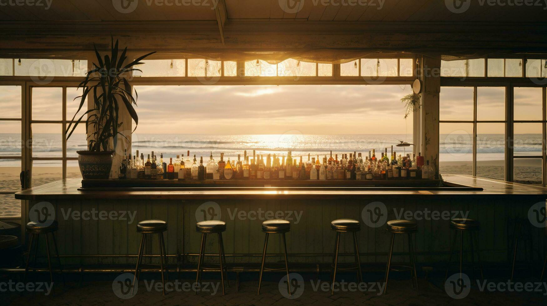 Generative AI, summer sunset beach bar background. Outdoor restaurant, Led light candles and wooden tables, chairs under beautiful sunset sky, sea view. photo