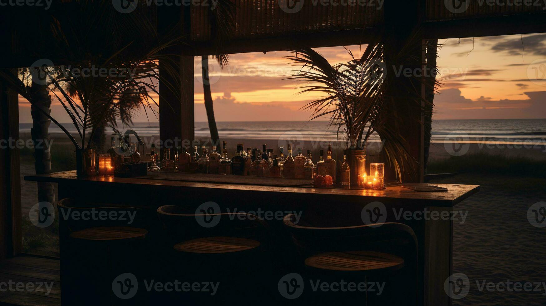 Generative AI, summer sunset beach bar background. Outdoor restaurant, Led light candles and wooden tables, chairs under beautiful sunset sky, sea view. photo