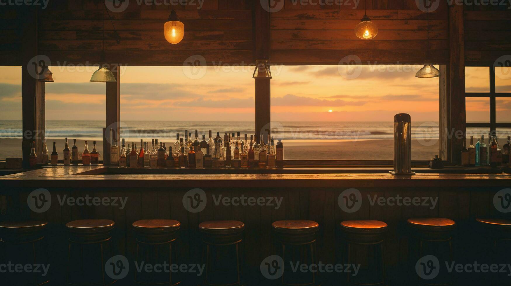 Generative AI, summer sunset beach bar background. Outdoor restaurant, Led light candles and wooden tables, chairs under beautiful sunset sky, sea view. photo