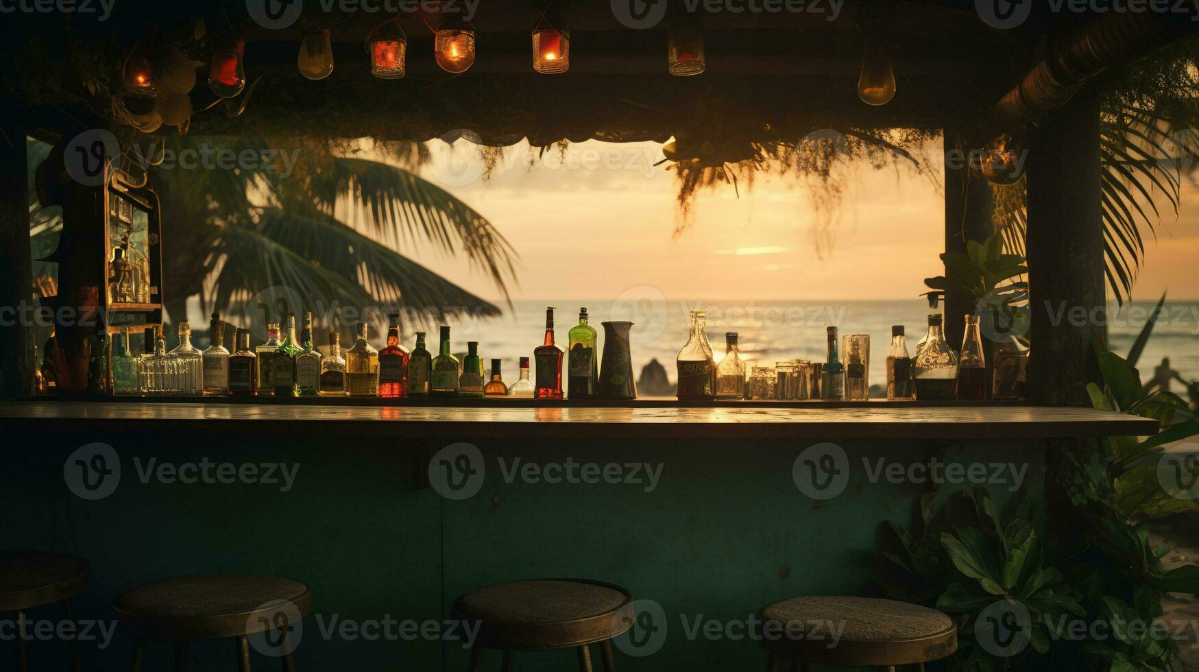 Generative AI, summer sunset beach bar background. Outdoor restaurant, Led light candles and wooden tables, chairs under beautiful sunset sky, sea view. photo