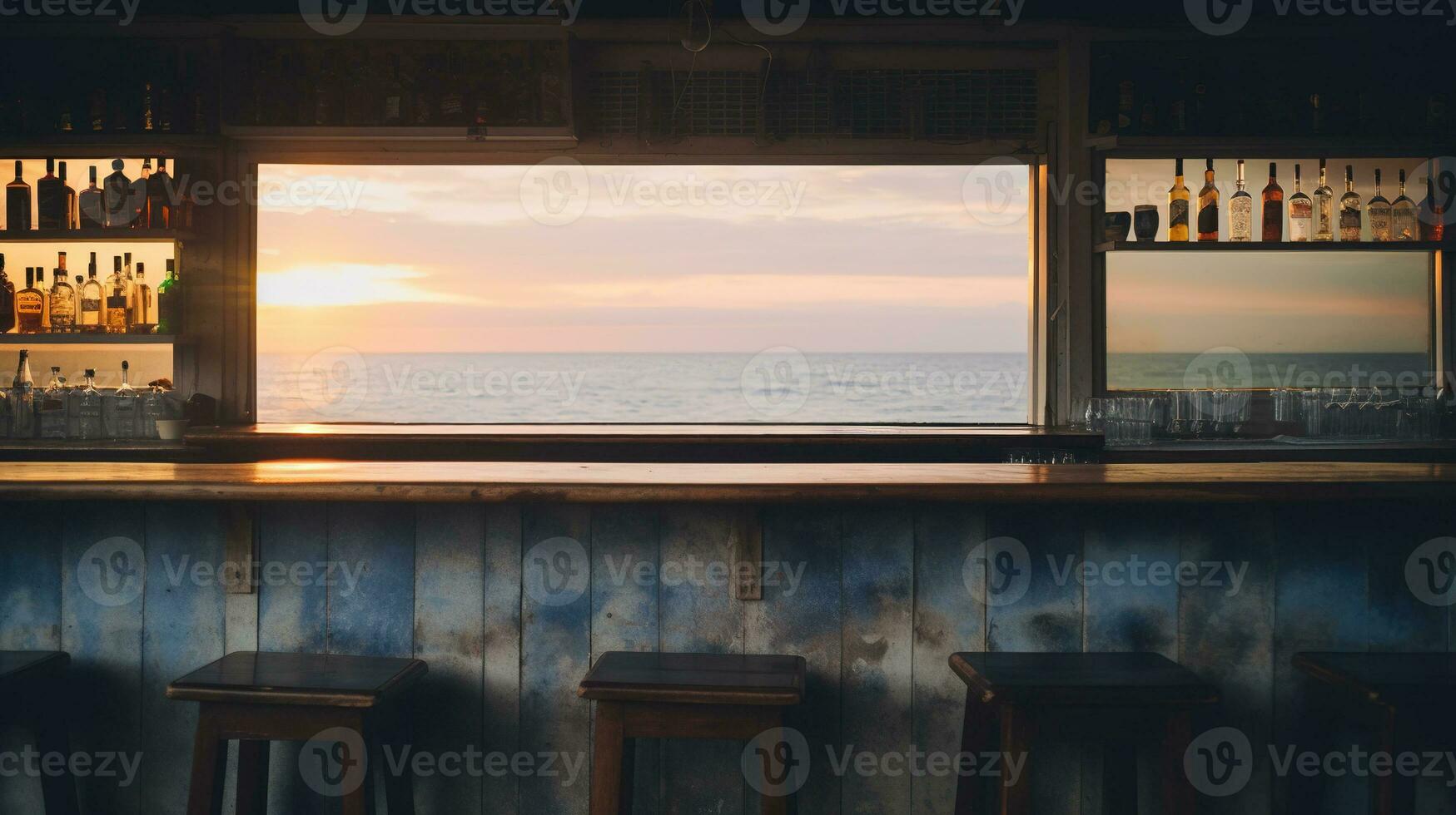 Generative AI, summer sunset beach bar background. Outdoor restaurant, Led light candles and wooden tables, chairs under beautiful sunset sky, sea view. photo