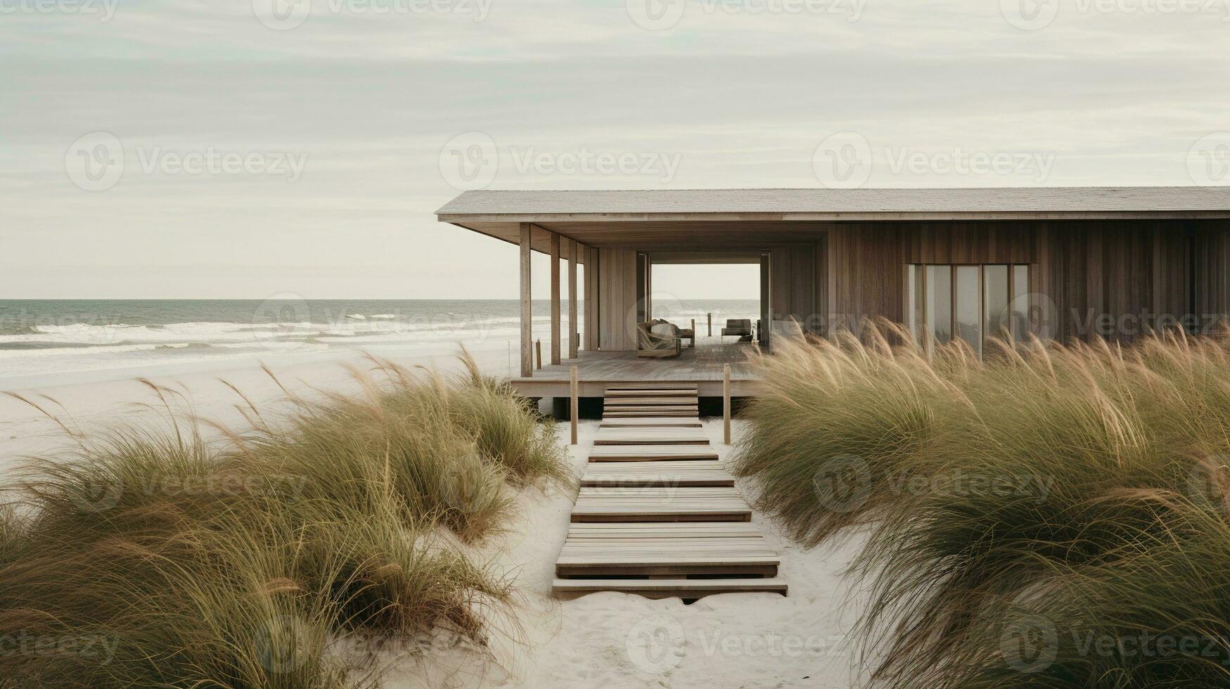 Generative AI, Beach aesthetic villa house and coast landscape, muted colors, minimalism photo