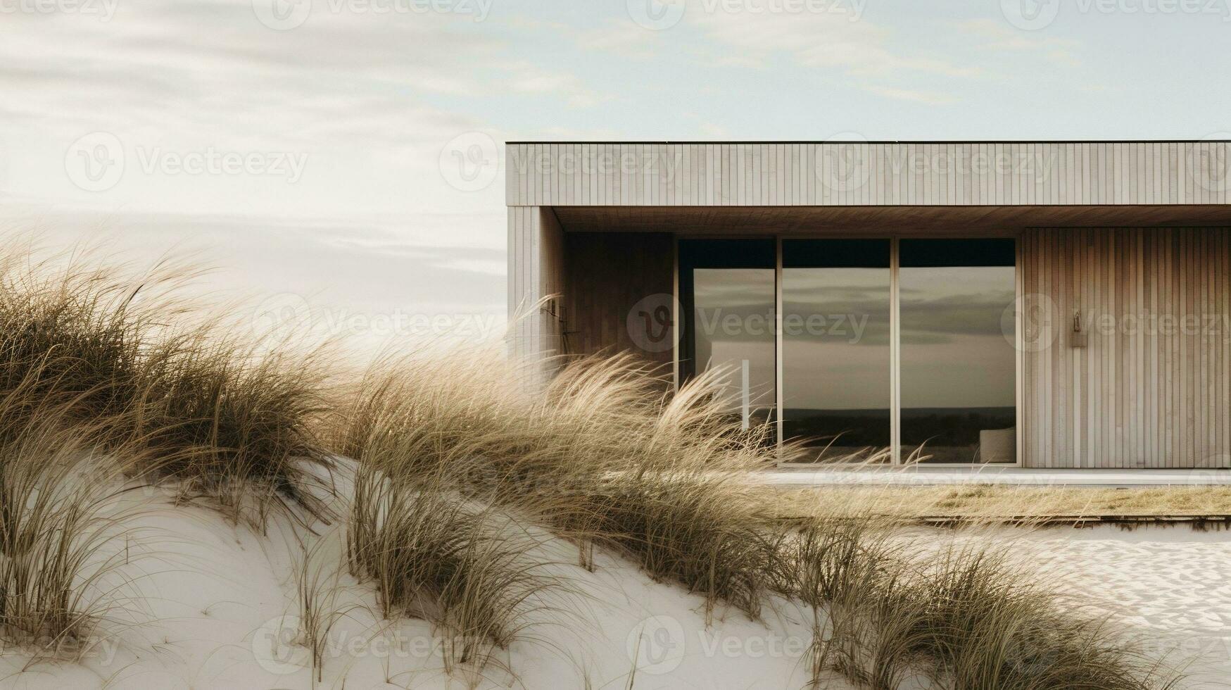 Generative AI, Beach aesthetic villa house and coast landscape, muted colors, minimalism photo