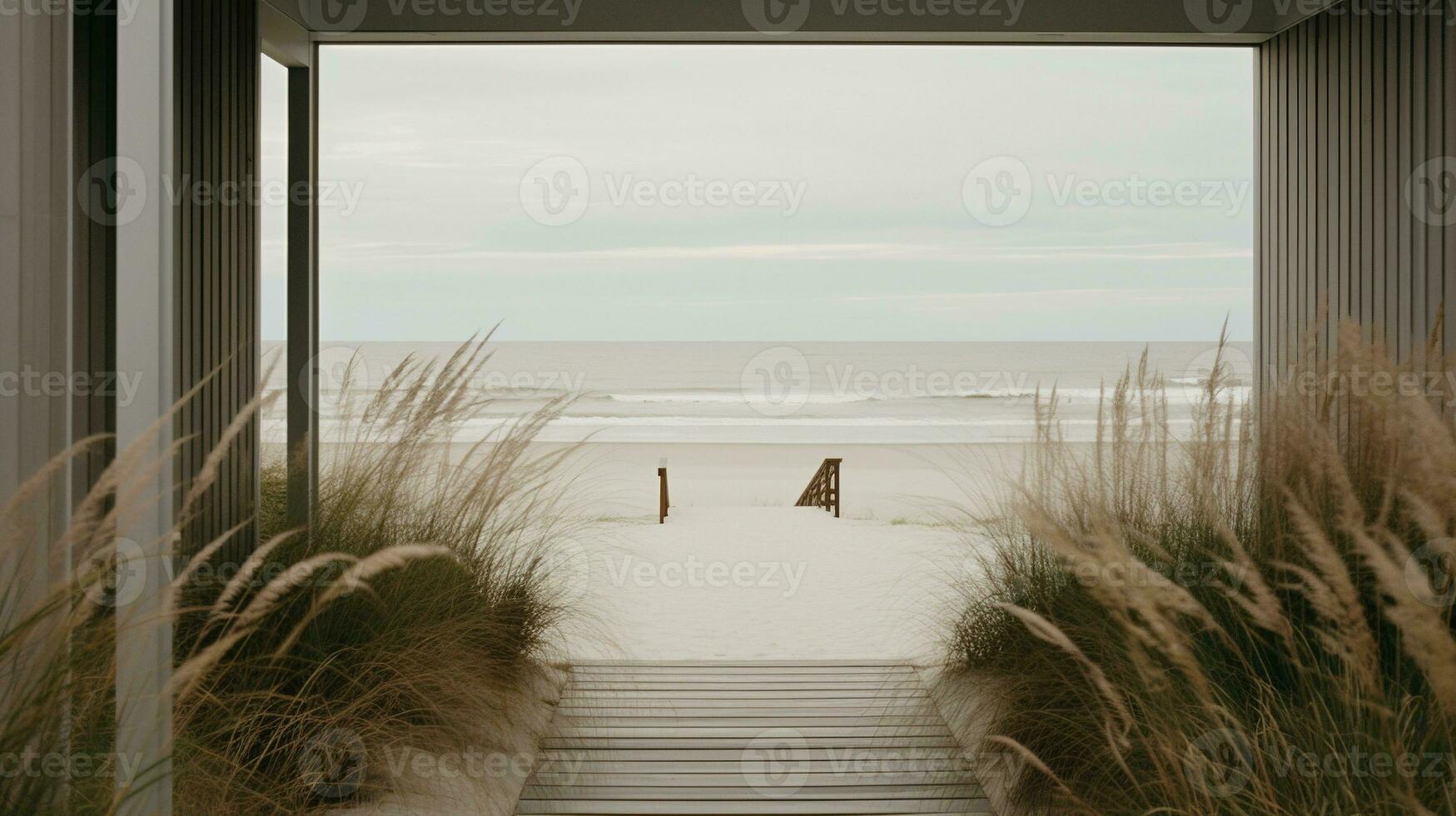 Generative AI, Beach aesthetic villa house and coast landscape, muted colors, minimalism photo