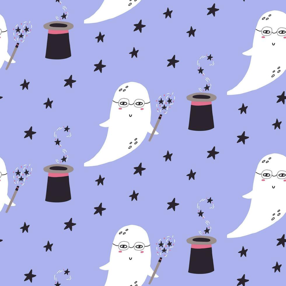 Seamless pattern ghost wizard with magic wand vector