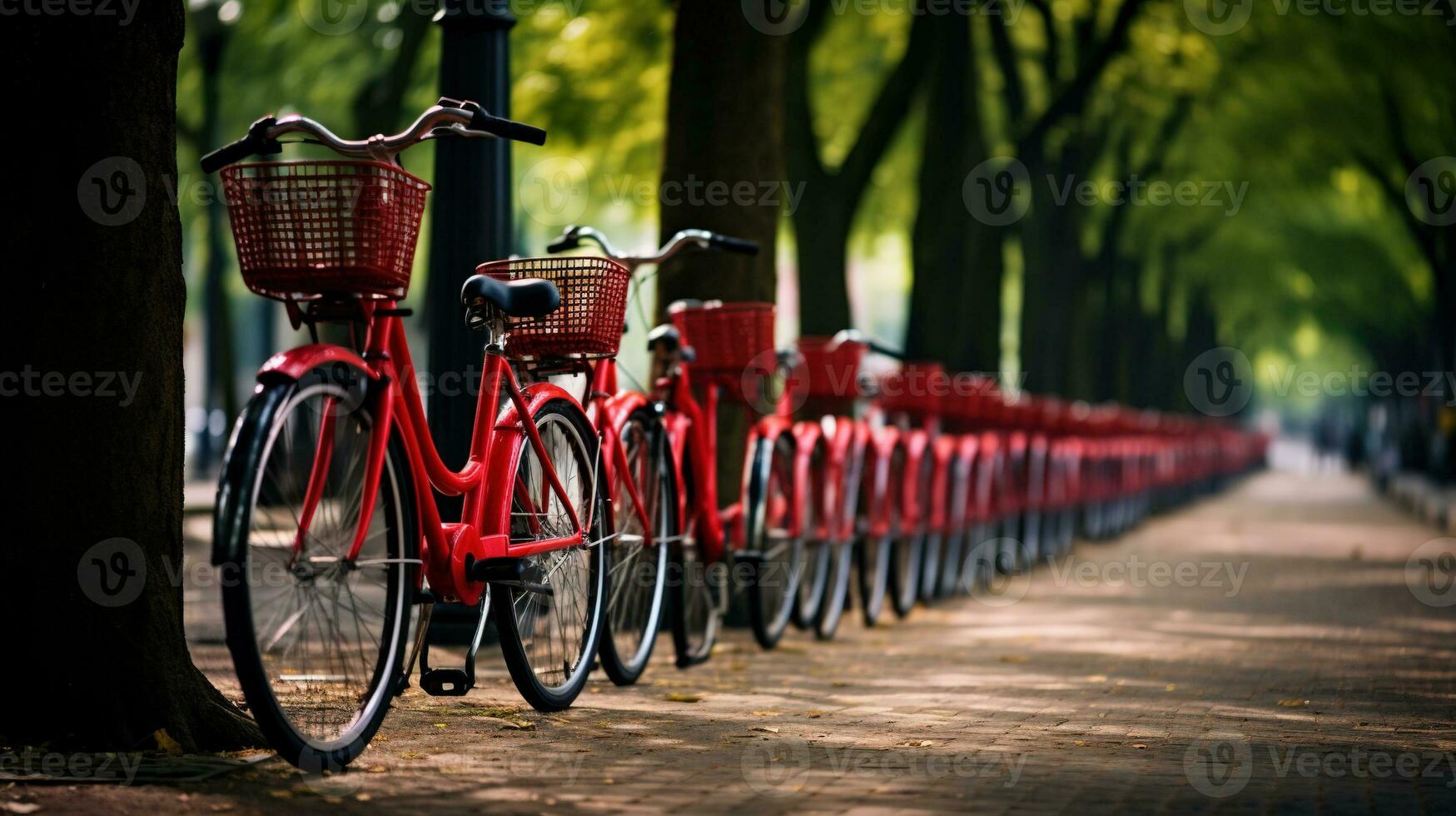 generativo ai, bicicleta compartiendo sistema, muchos rojo ciudad bicicletas estacionado sano ecología urbano transporte. foto