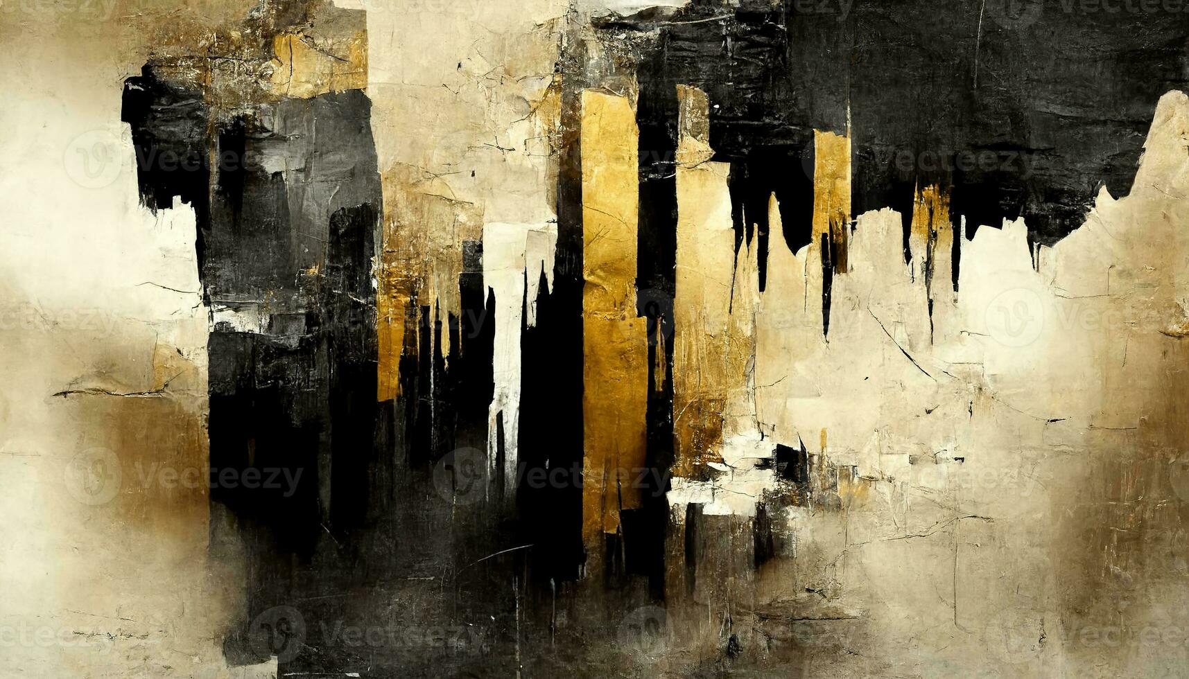 Generative AI, Ivory, golden and black watercolor abstract painted background. Ink black street graffiti art on a textured paper vintage background, washes and brush strokes. photo