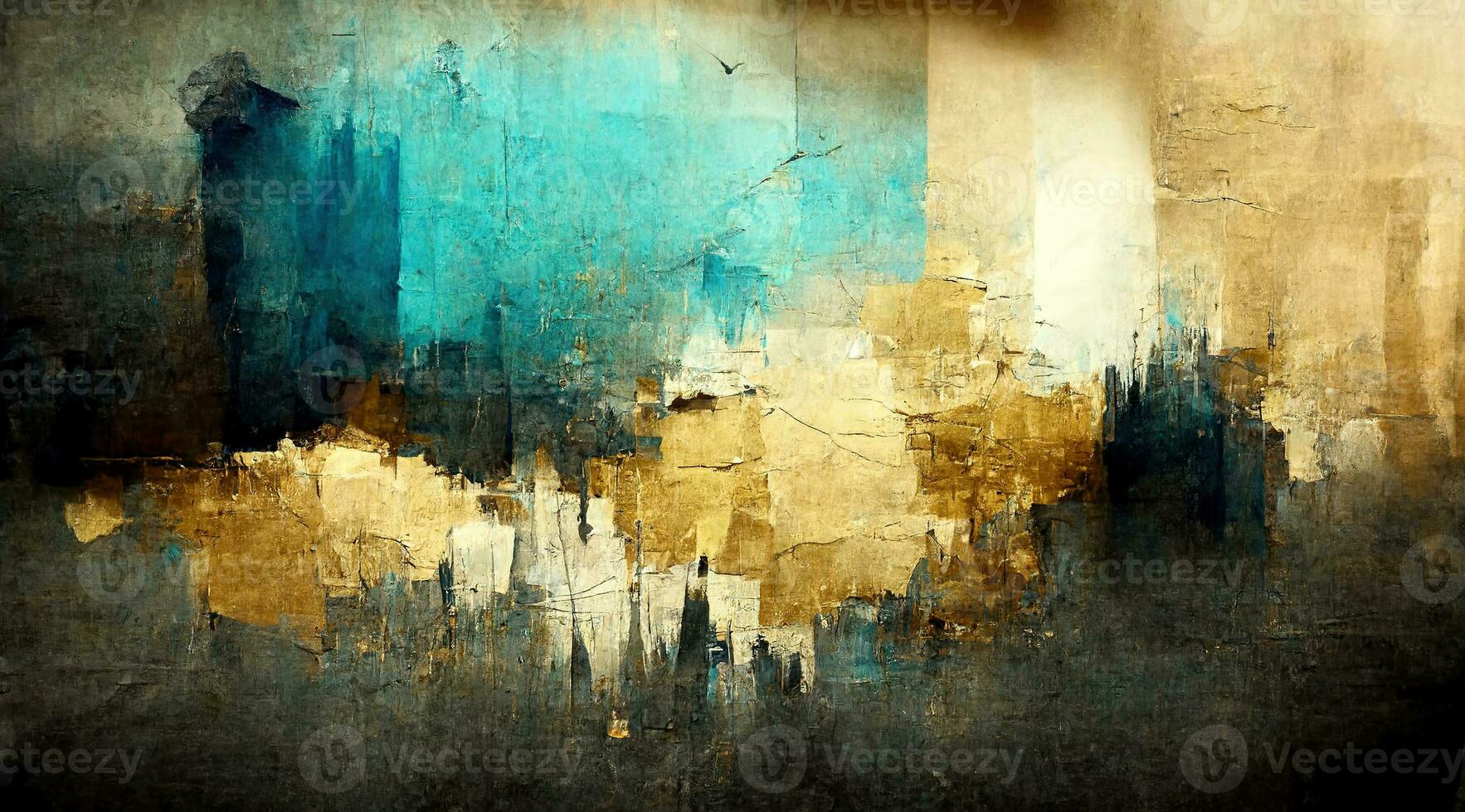 Generative AI, Blue, golden and black watercolor abstract painted background. Ink black street graffiti art on a textured paper vintage background, washes and brush strokes. photo