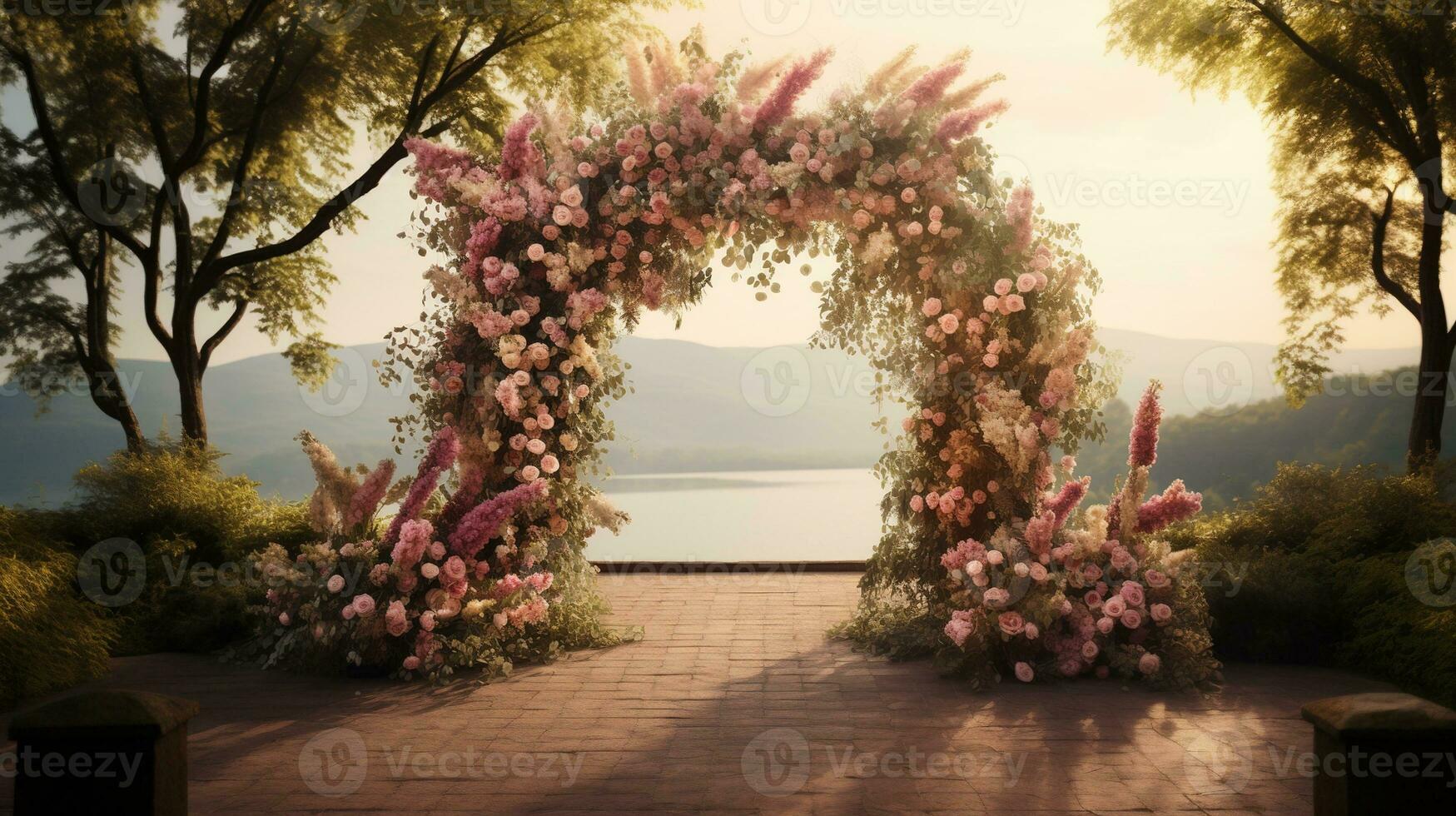 Generative AI, Wedding ceremony boho rustic style arch with flowers and plants, flower bouquets. photo