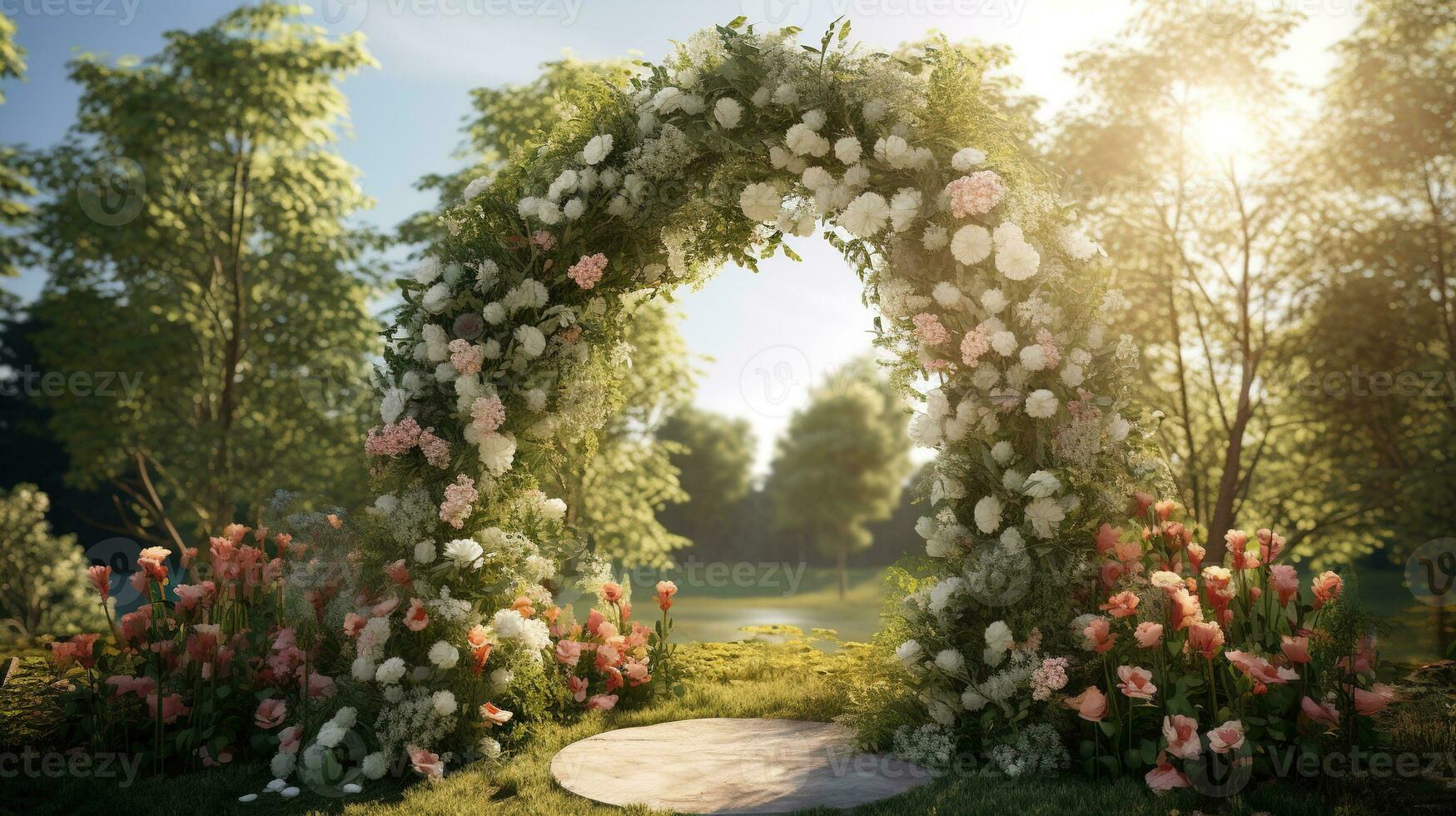 Generative AI, Wedding ceremony boho rustic style arch with flowers and plants, flower bouquets. photo