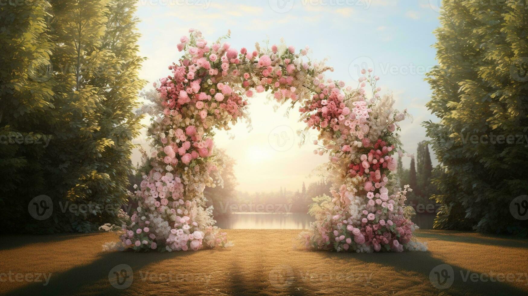 Generative AI, Wedding ceremony boho rustic style arch with flowers and plants, flower bouquets. photo