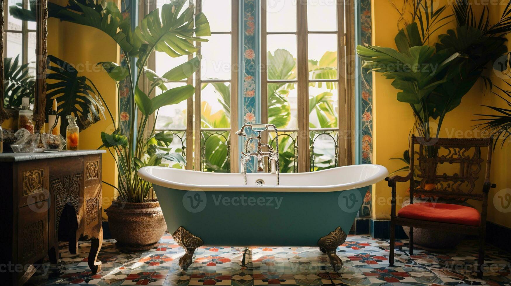 Generative AI, retro boho hotel bathroom, Puerto Rico style. Bright colors and plants photo