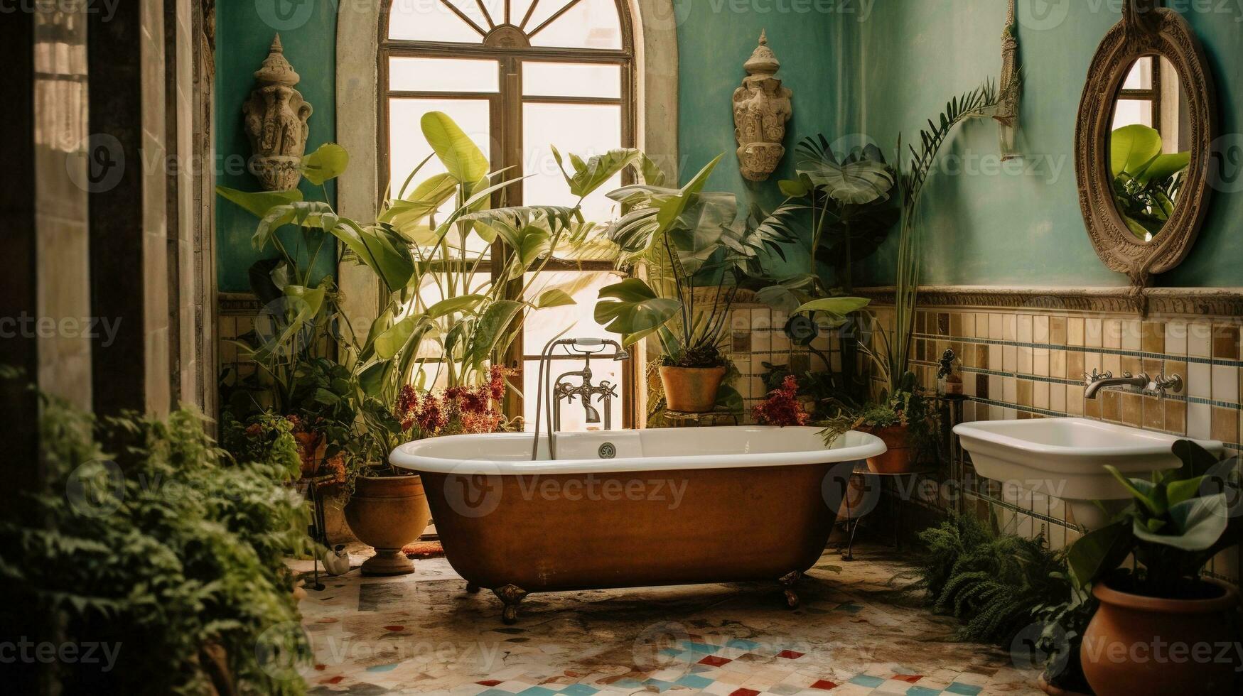 Generative AI, retro boho hotel bathroom, Puerto Rico style. Bright colors and plants photo