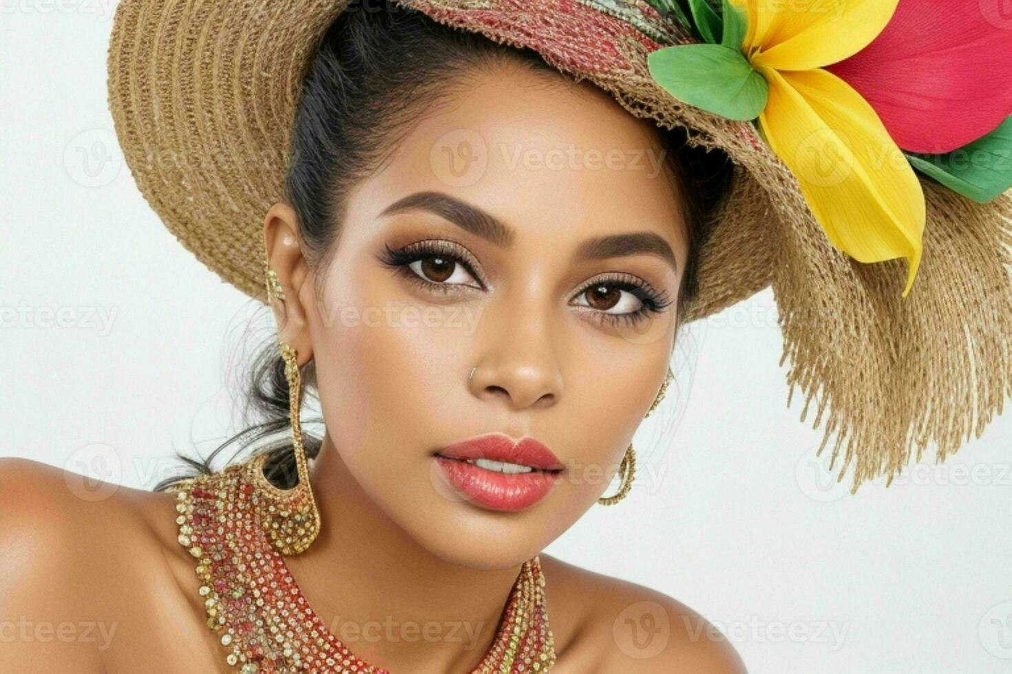 Portrait of a fashionable beautiful woman in traditional clothes wearing a hat photo