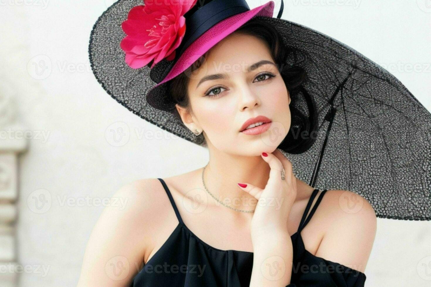 Portrait of a fashionable beautiful woman in traditional clothes wearing a hat photo