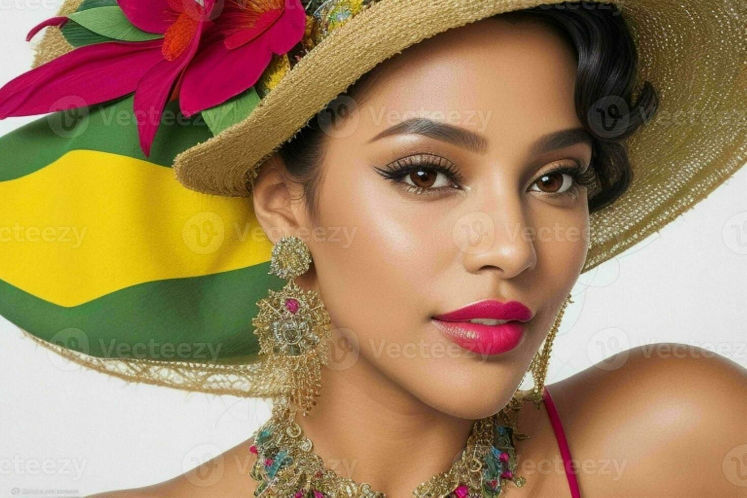 Portrait of a fashionable beautiful woman in traditional clothes wearing a hat photo