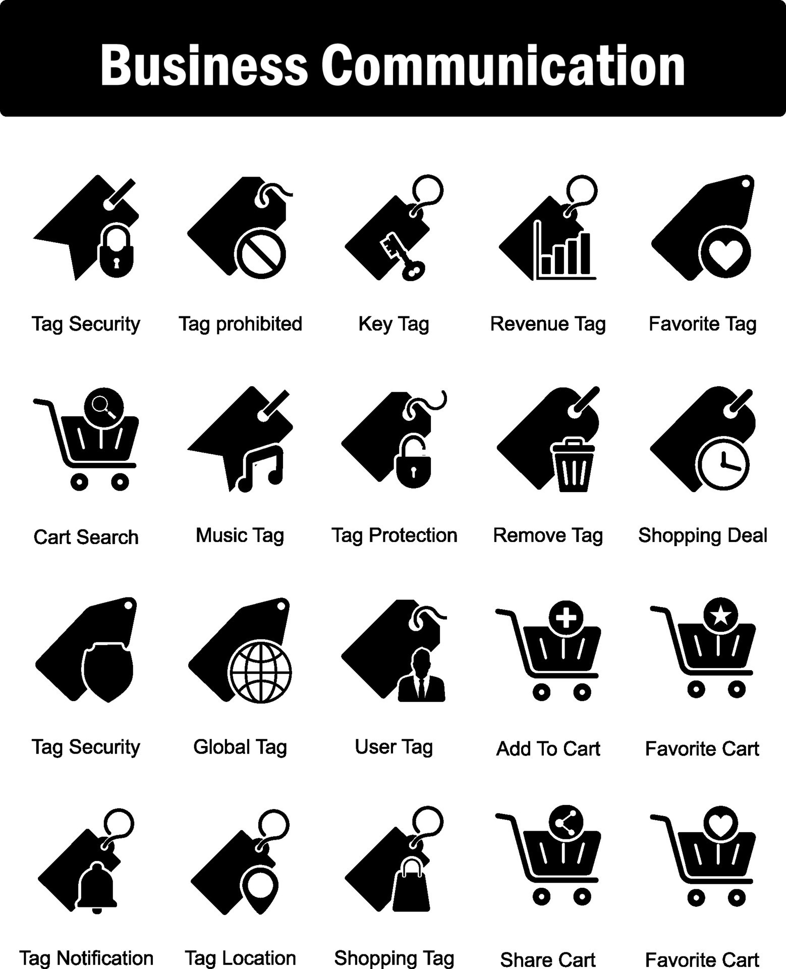 A set of 20 business icons as tag security, tag prohibited, key tag