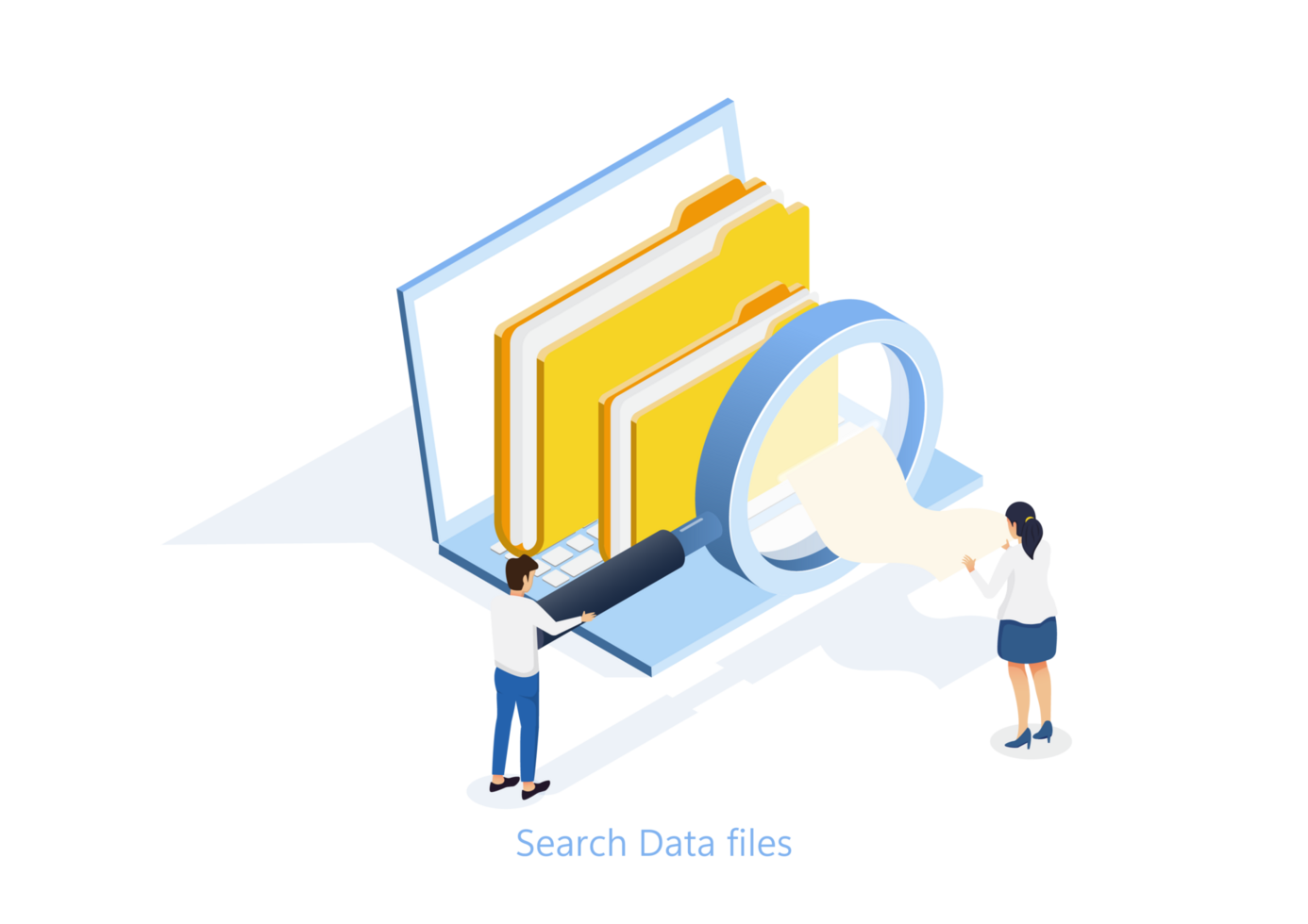 Business concept search data file. Businessman holding a magnifying glass on computer. Isometric png