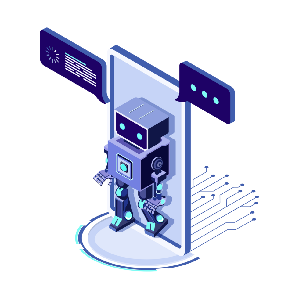 Artificial intelligence processing data on smartphone screen. AI in the form of bot coming out of the screen phone and offers to use digital mind. Isometric png