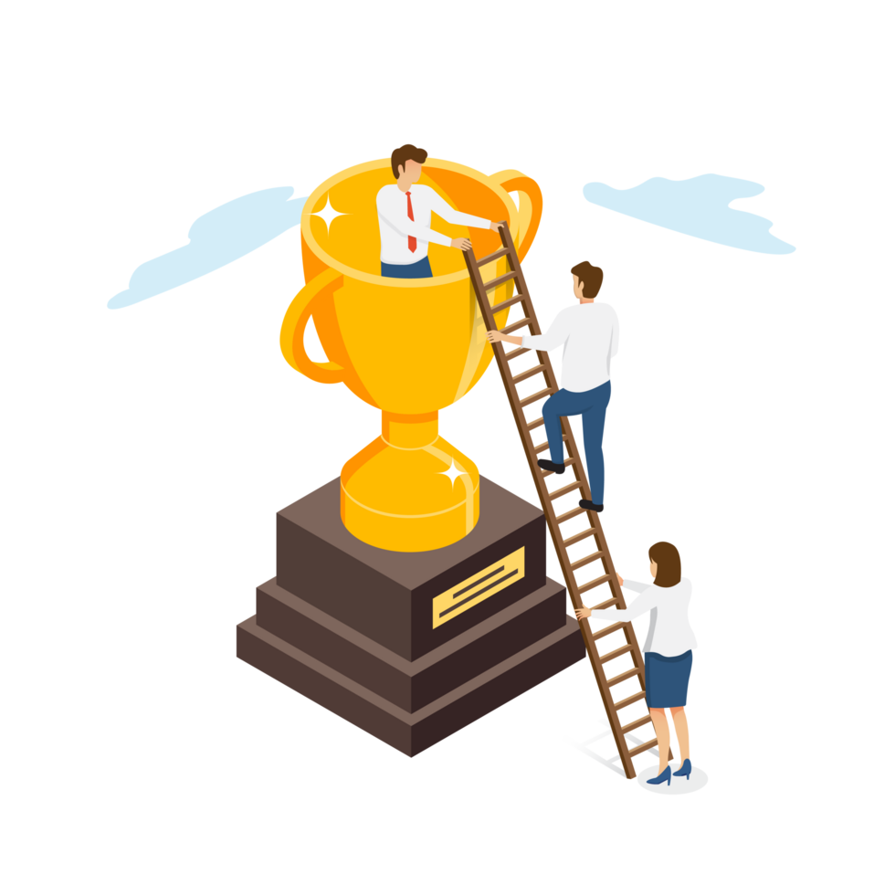 People Characters standing near Gold Cup and Celebrating Victory. Happy Woman and Man Successfully Achieve Reward. Winners and Prize. Business Goal Success. Isometricvector. png