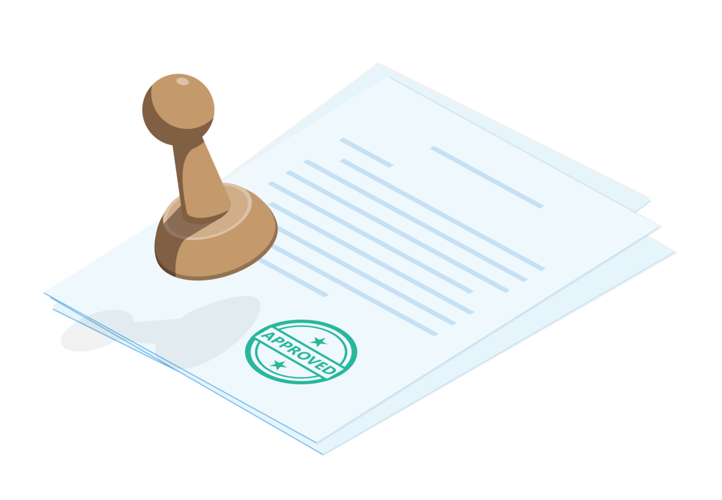 Isometric stamp over a document, a check mark and the word approved isolated png