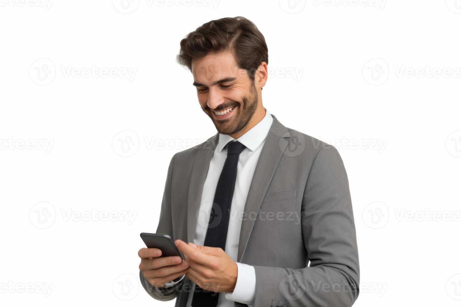 man with phone on white background. photo