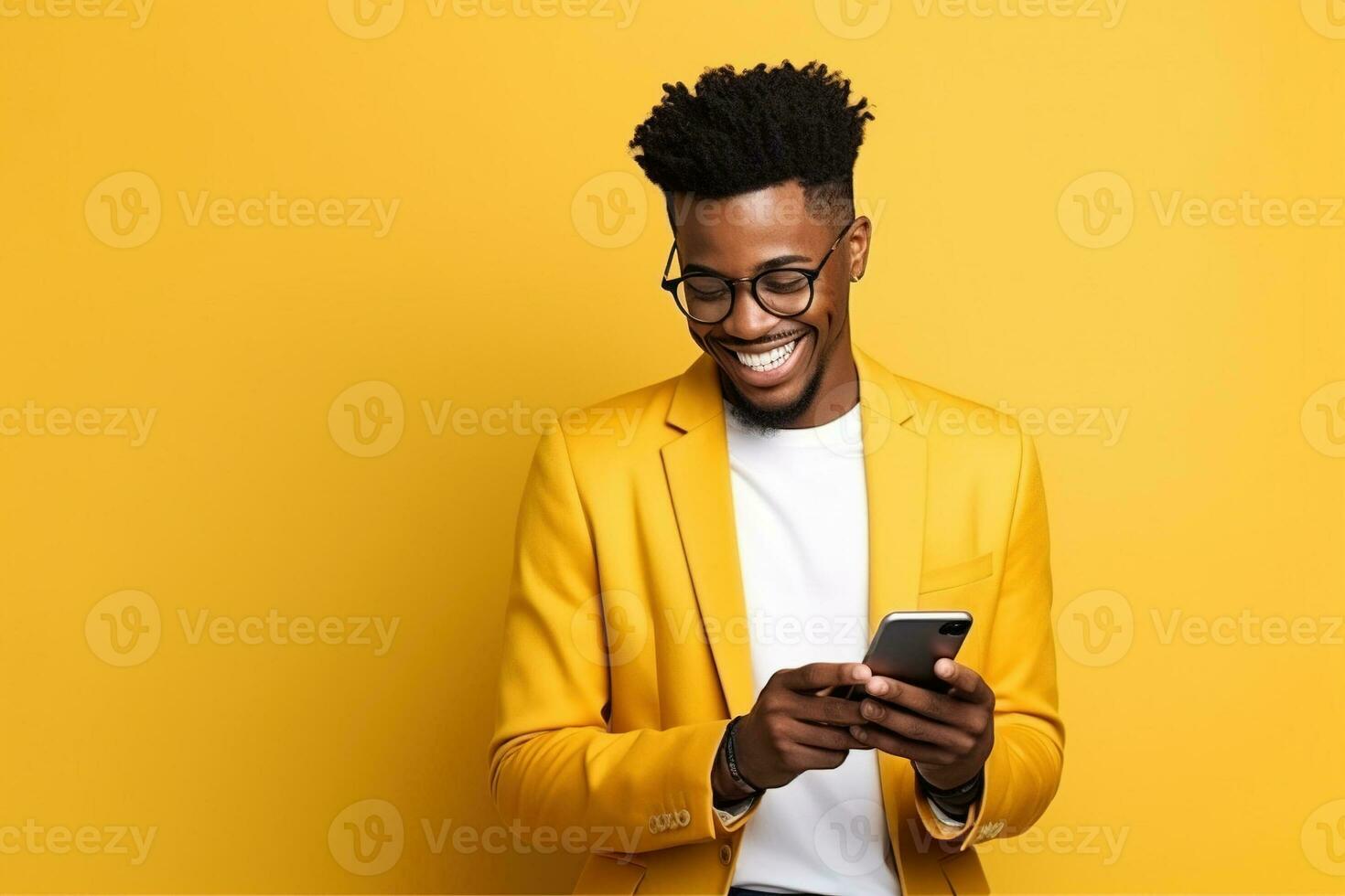 Black man with phone on studio background. AI Generated photo