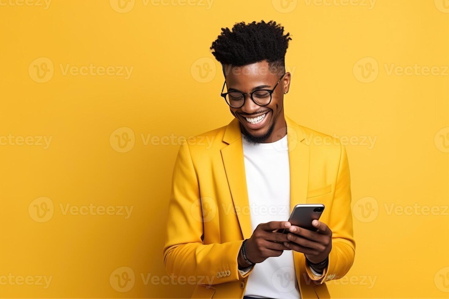 Black man with phone on studio background. photo