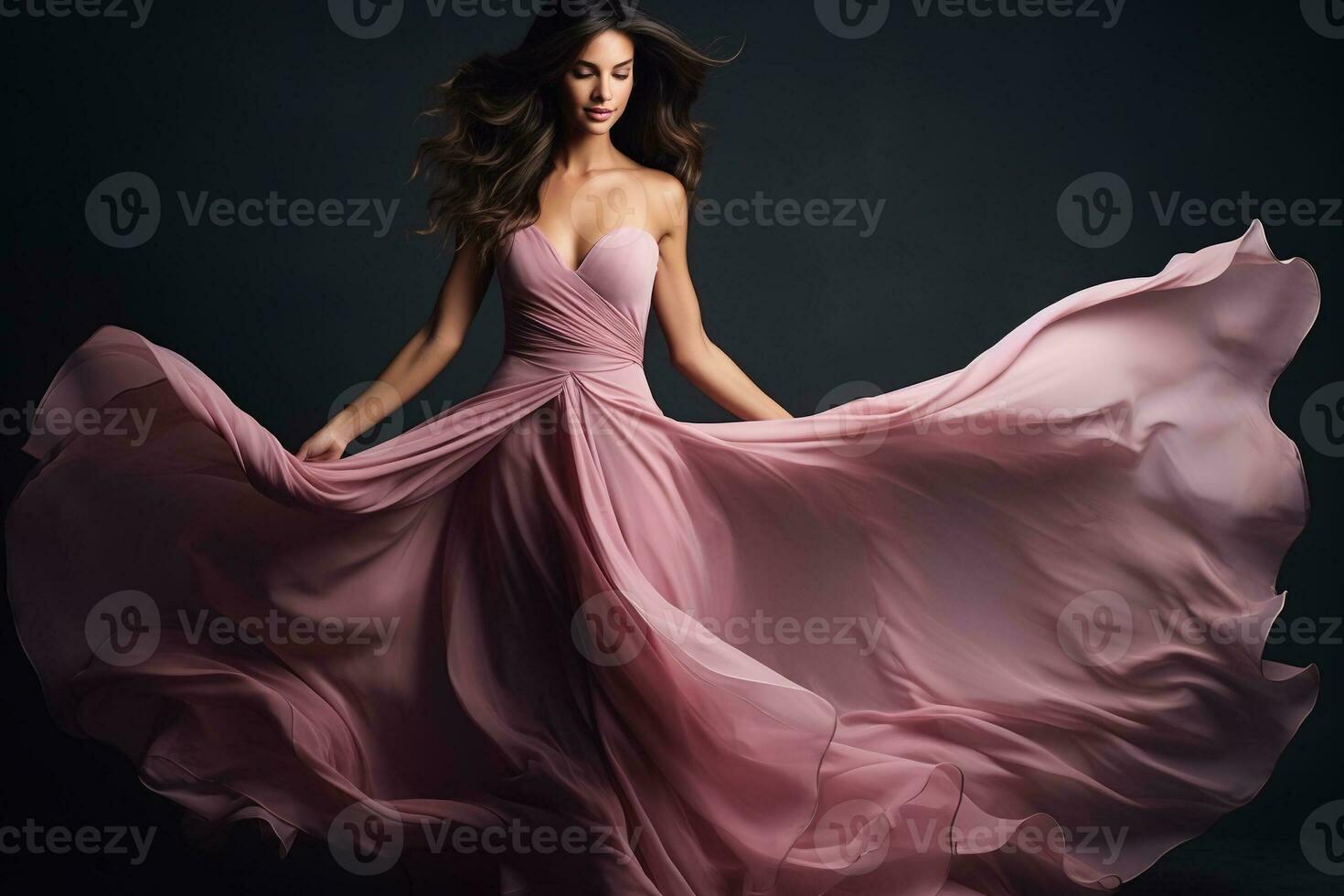 Woman in pink waving dress with flying fabric. AI Generated photo