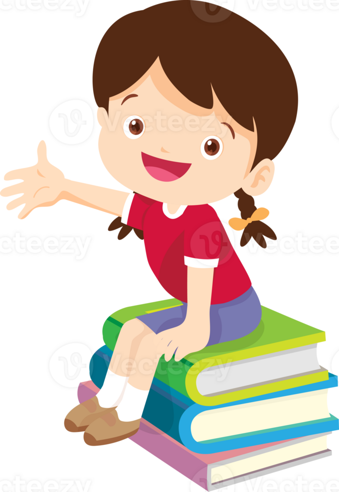 Cute child sitting on stack of books png