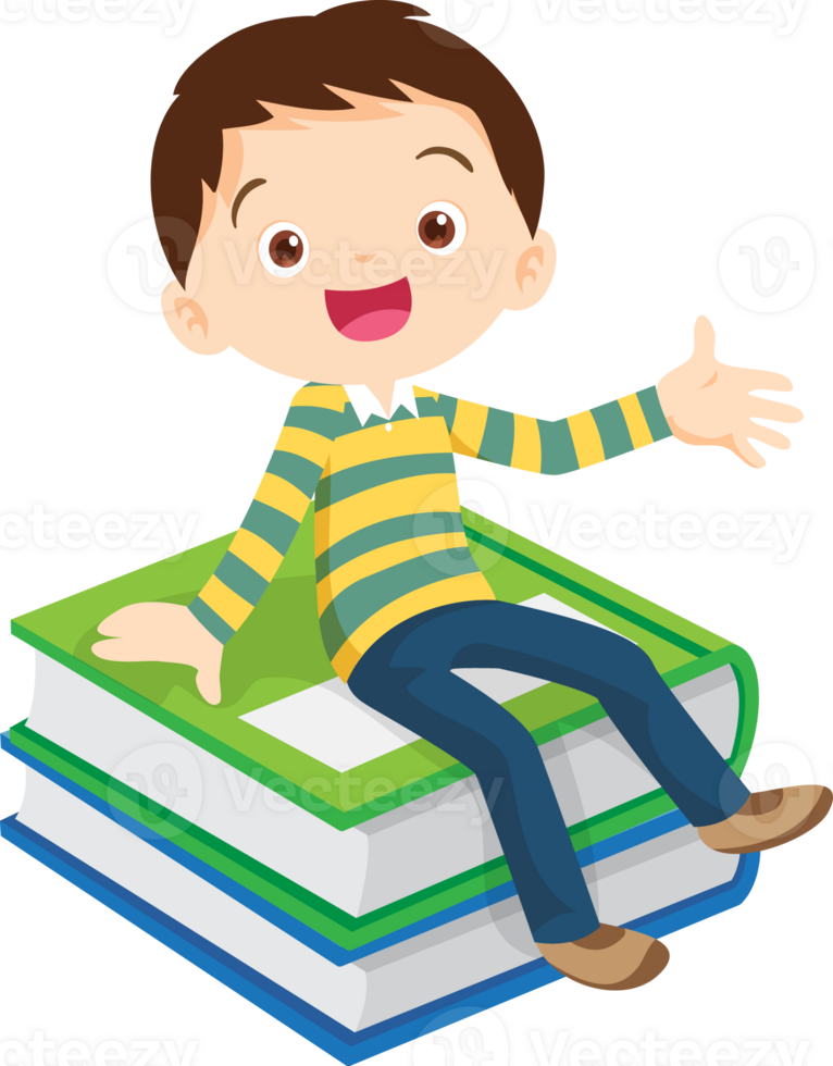Cute child sitting on stack of books png