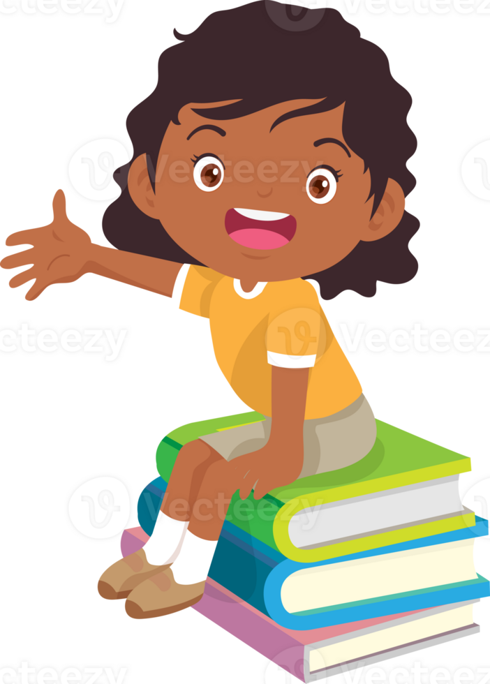 Cute child sitting on stack of books png