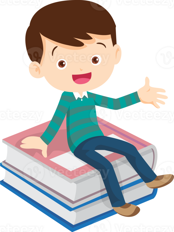 Cute child sitting on stack of books png