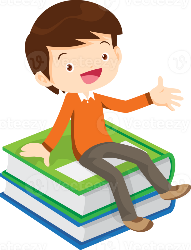 Cute child sitting on stack of books png