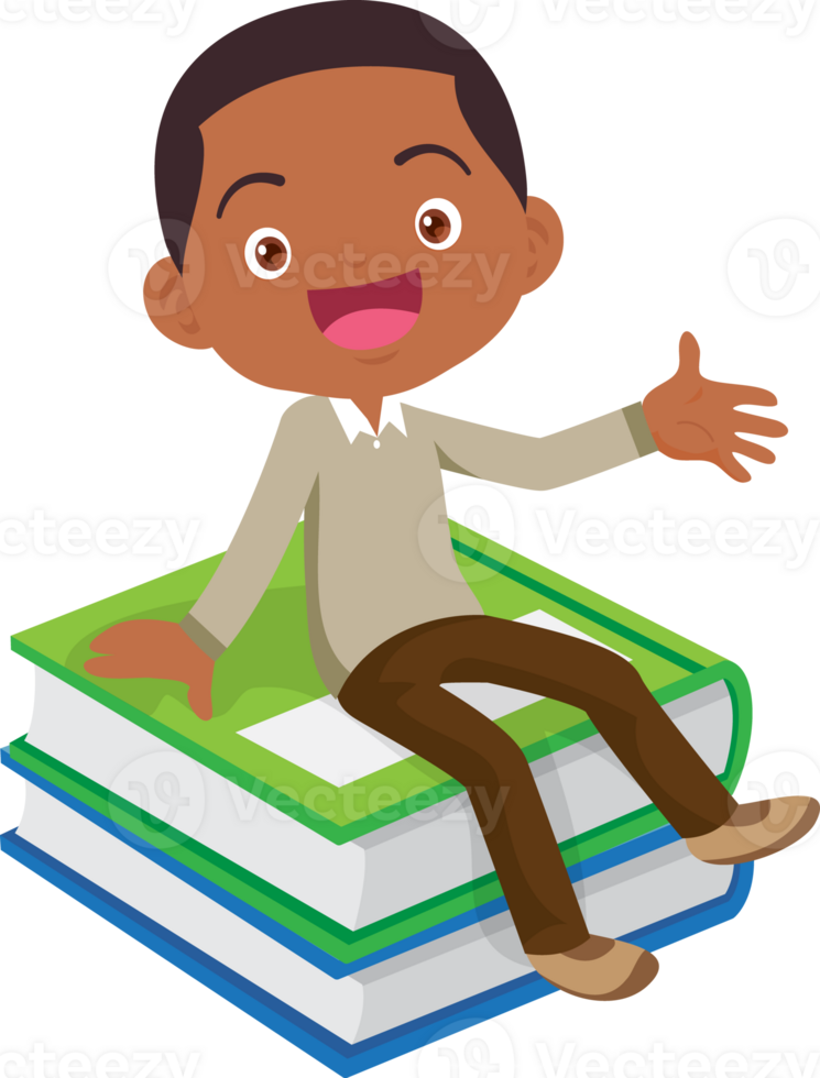 Cute child sitting on stack of books png