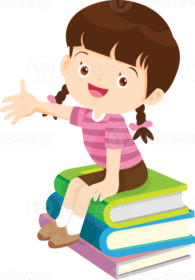 Cute child sitting on stack of books png