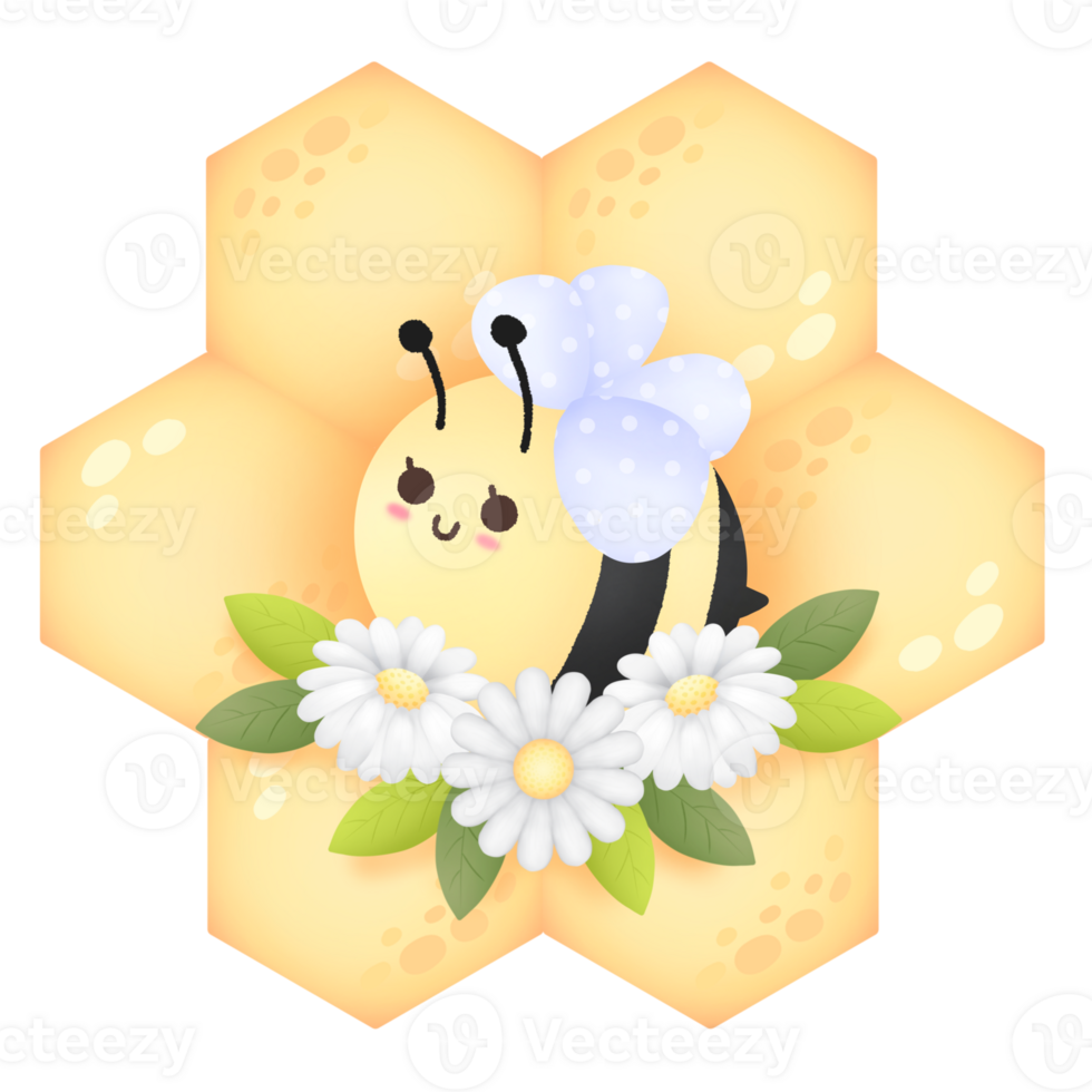 little bee with honeycomb and flower png