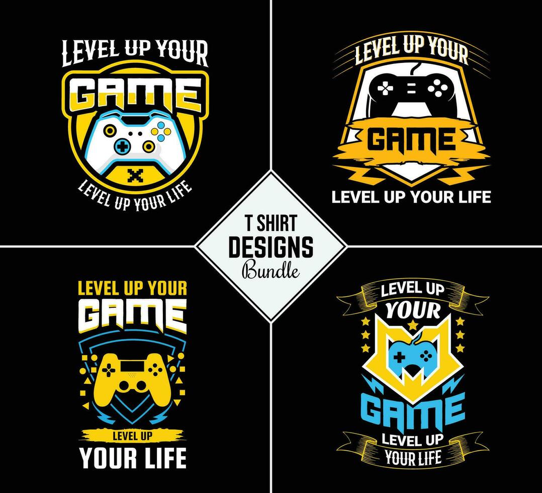 Vintage gaming t shirt design bundle set with creative motivation quote and vector shape