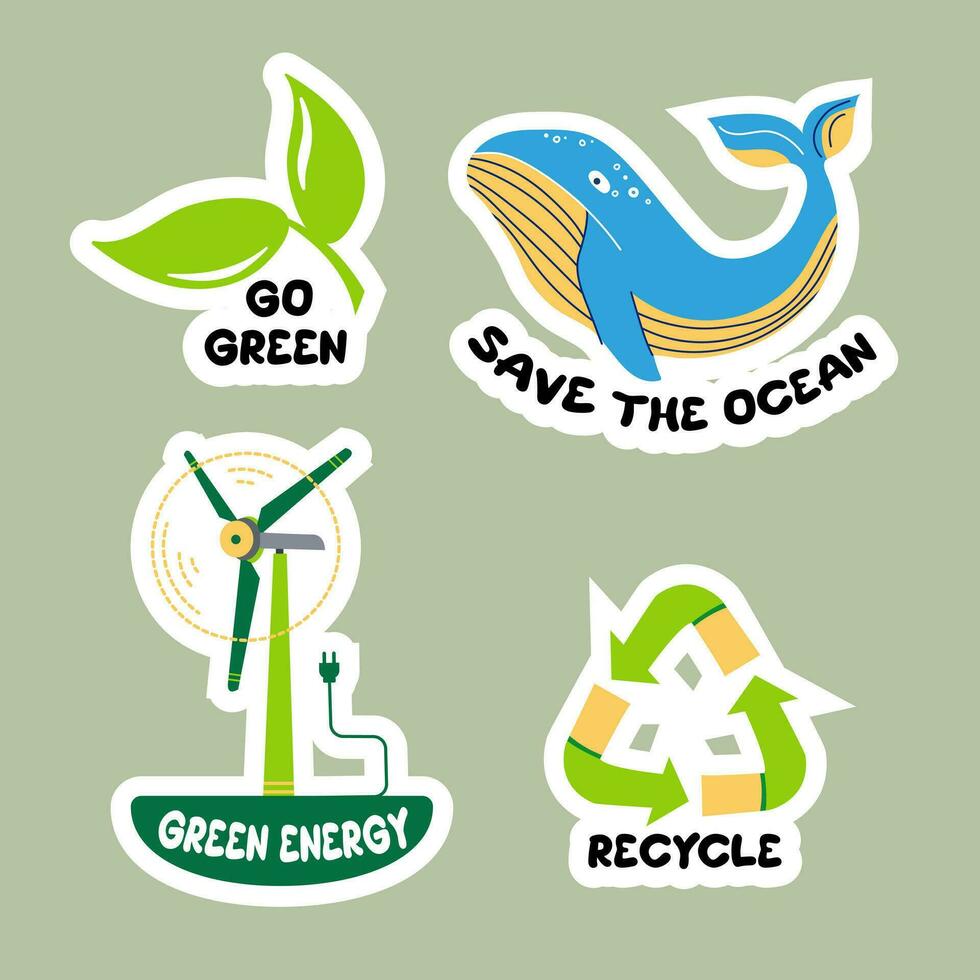 Collection of ecology stickers with slogans. Modern isolated vector badges for web and print.