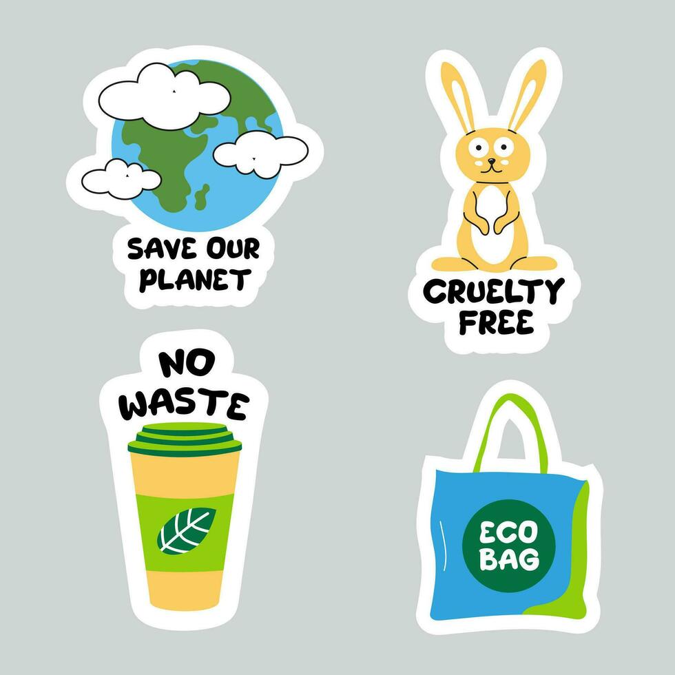 Collection of ecology stickers with slogans. Modern isolated vector badges for web and print.