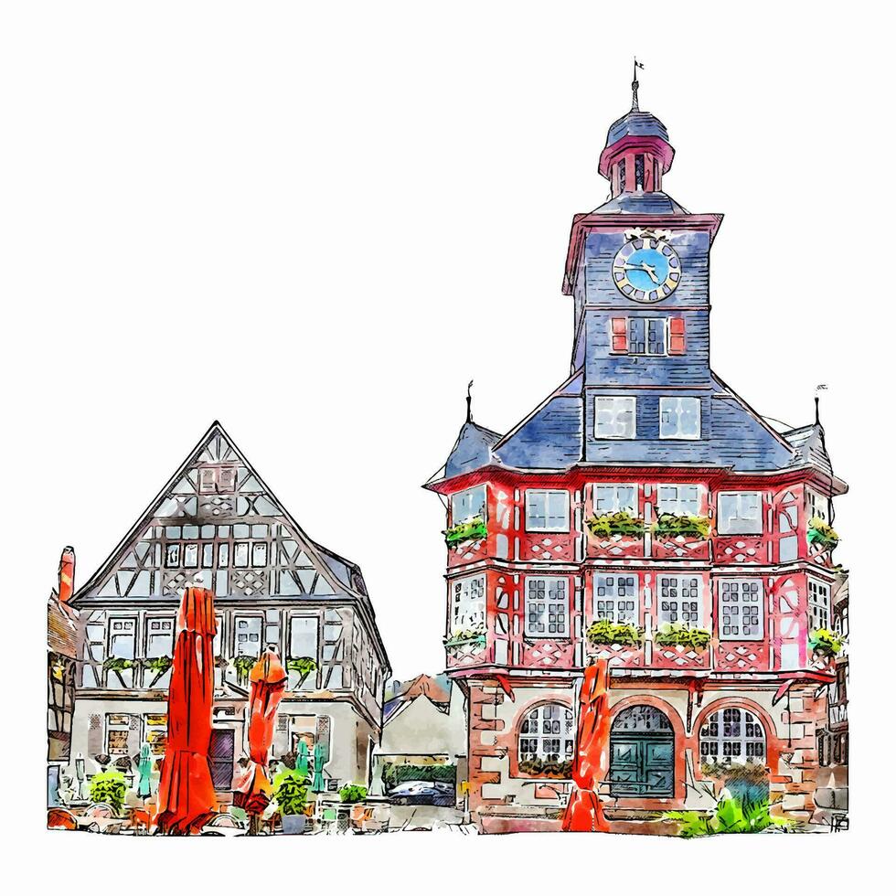 Altstadt heppenheim germany watercolor hand drawn illustration isolated on white background vector