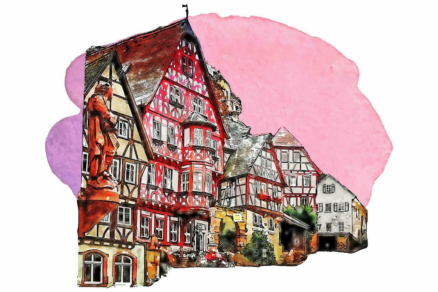 Miltenberg germany watercolor hand drawn illustration isolated on white background vector