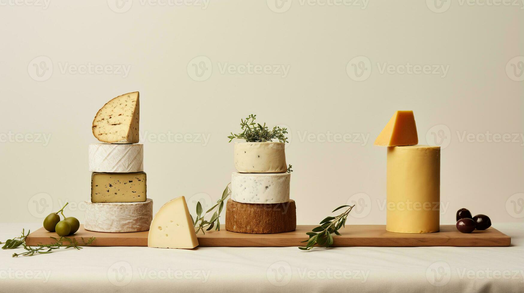 Generative AI, Different types of cheese on the table, aesthetic muted neutral colors photo