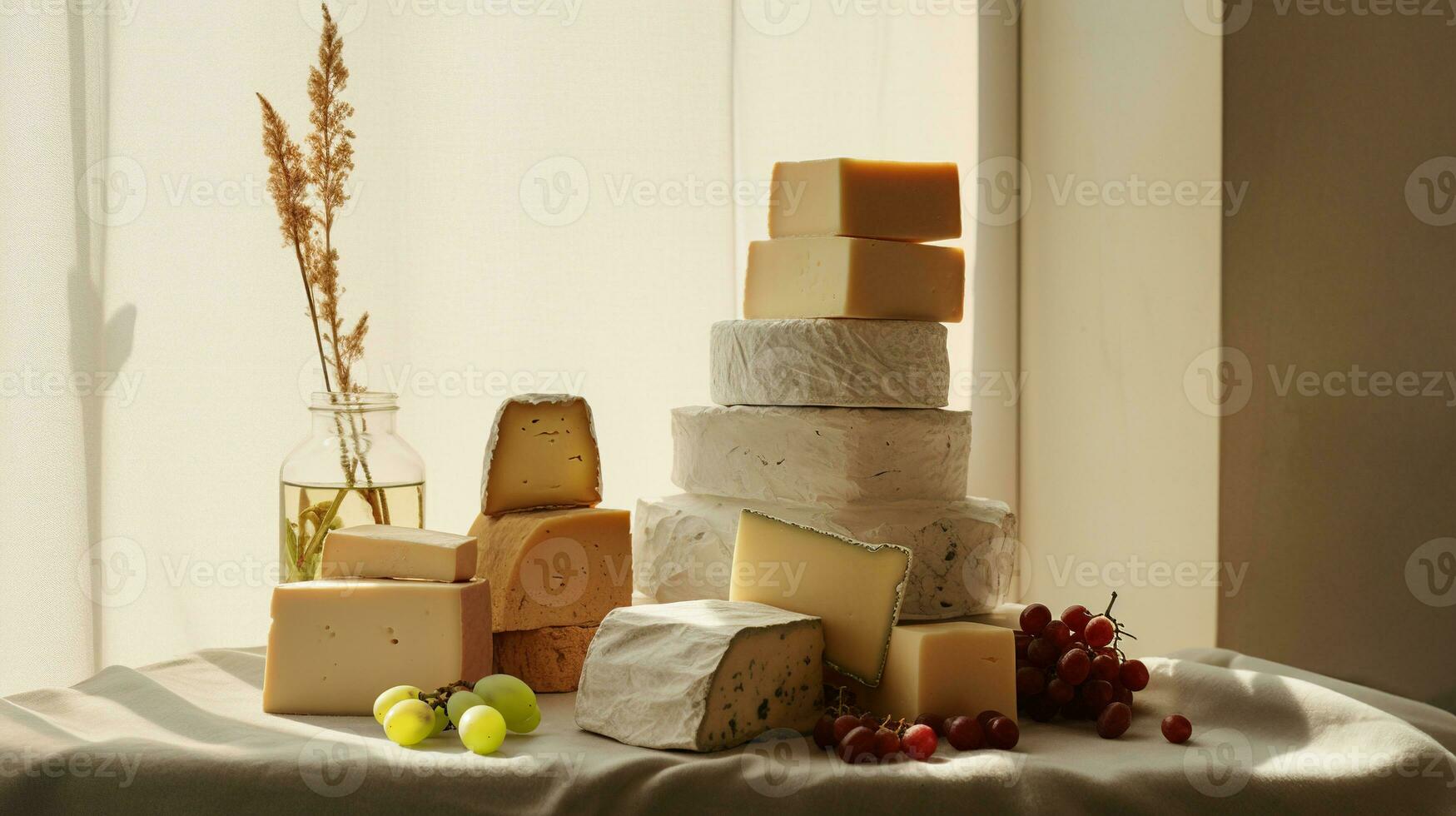Generative AI, Different types of cheese on the table, aesthetic muted neutral colors photo