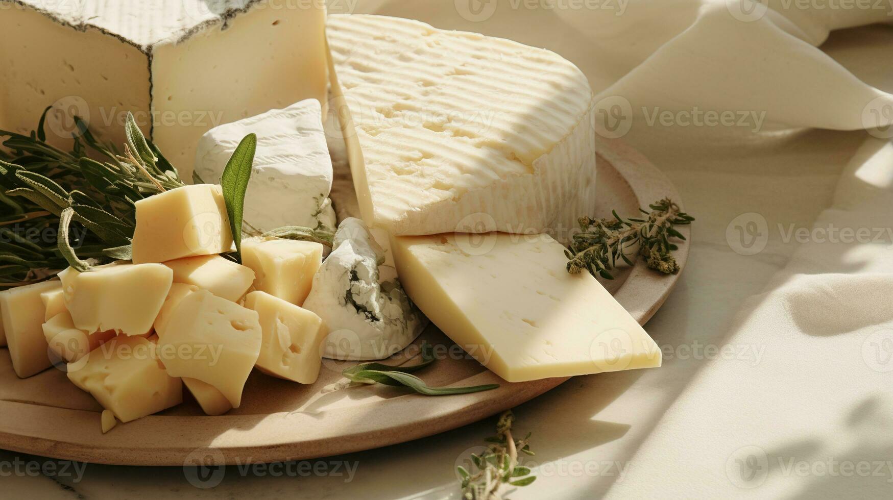 Generative AI, Different types of cheese on the table, aesthetic muted neutral colors photo