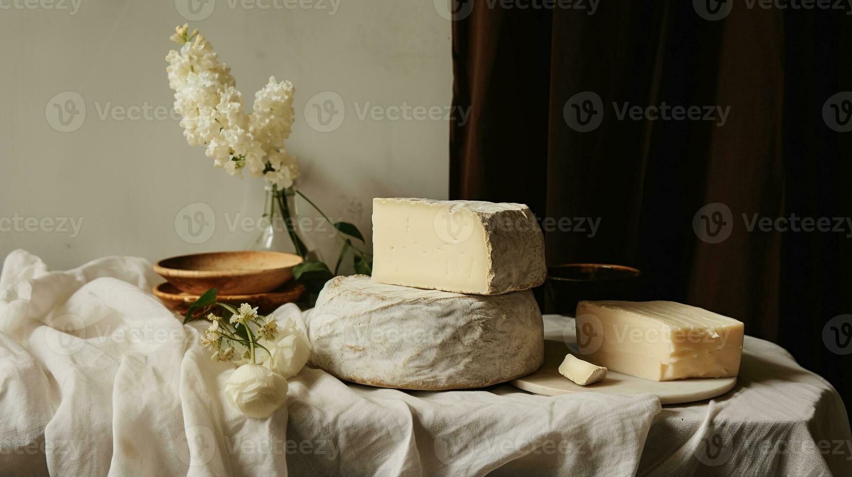 Generative AI, Different types of cheese on the table, aesthetic muted neutral colors photo