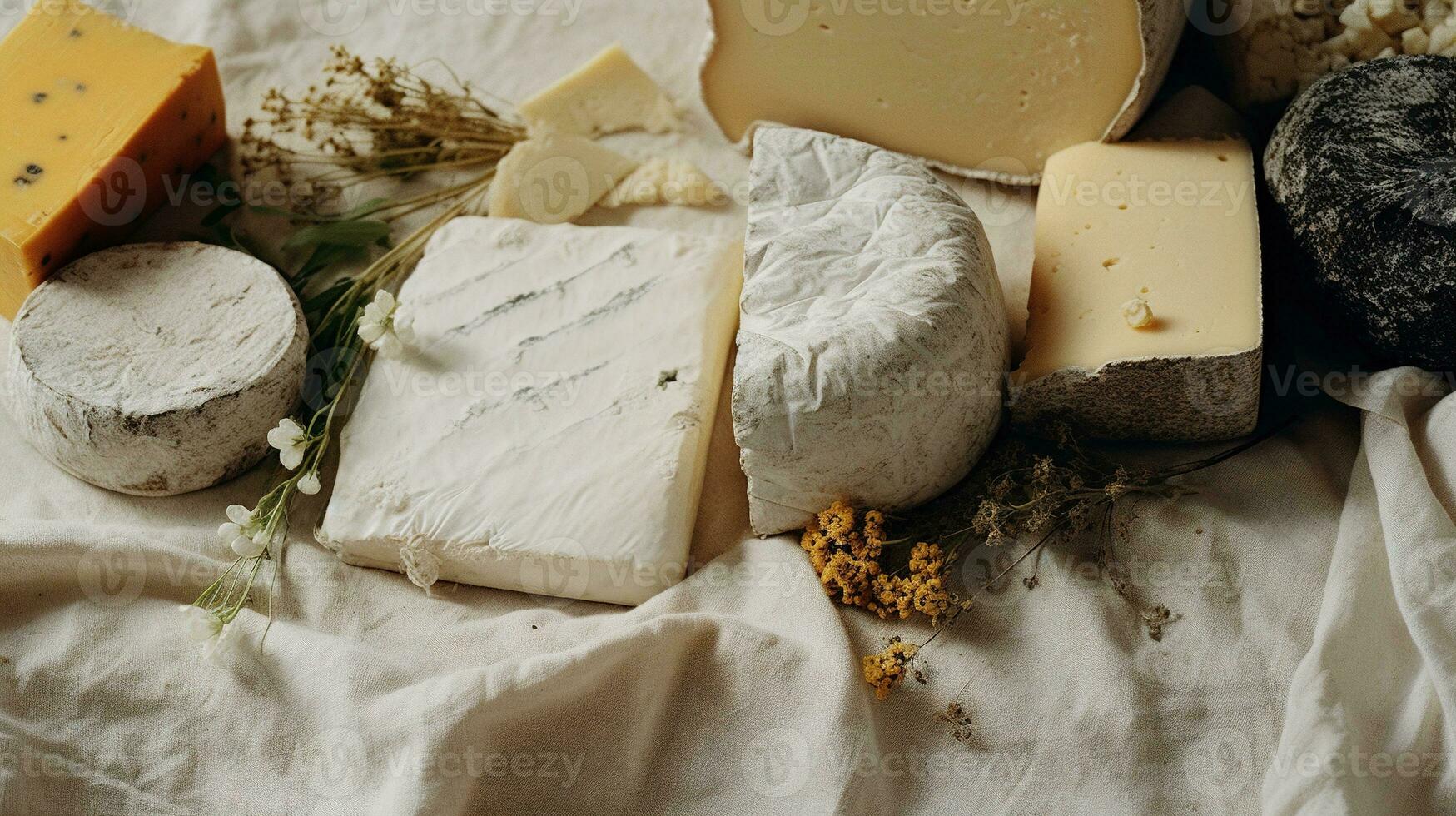 Generative AI, Different types of cheese on the table, aesthetic muted neutral colors photo