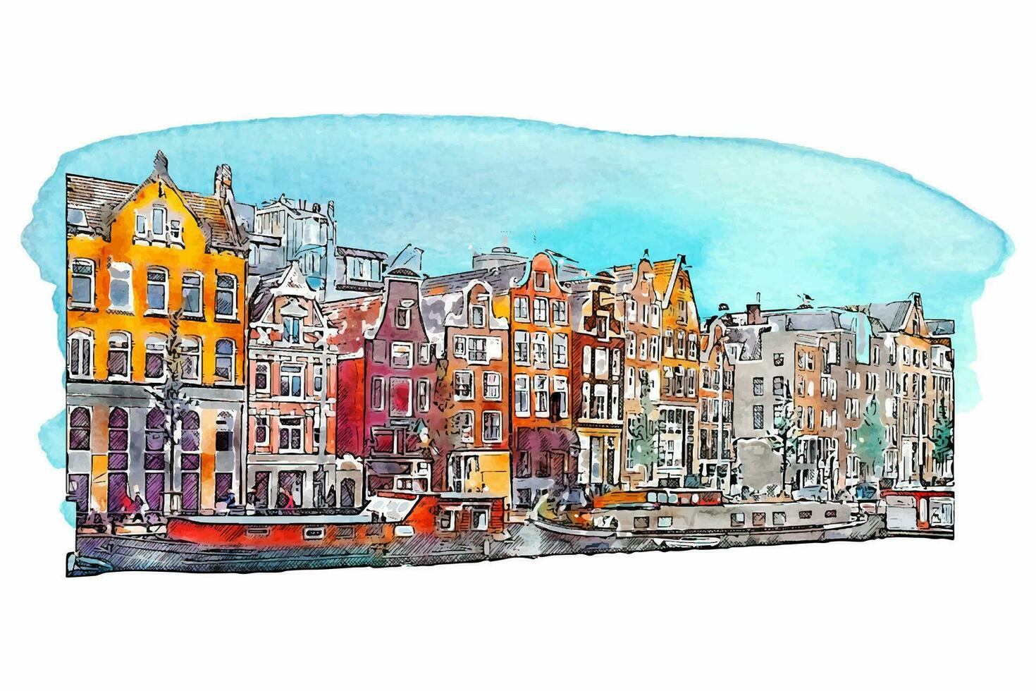 Amsterdam netherlands watercolor hand drawn illustration isolated on white background vector