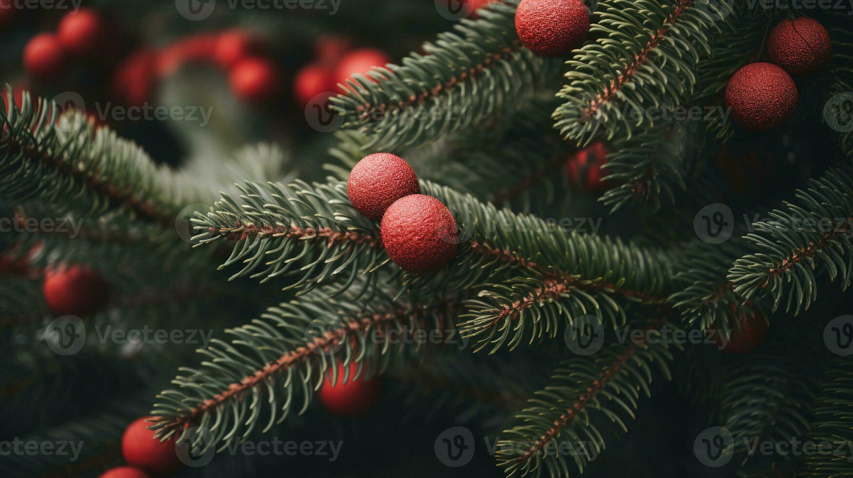 Generative AI, Chhristmas and new year balls in the fir tree branches, holidays concept, festive winter season background photo