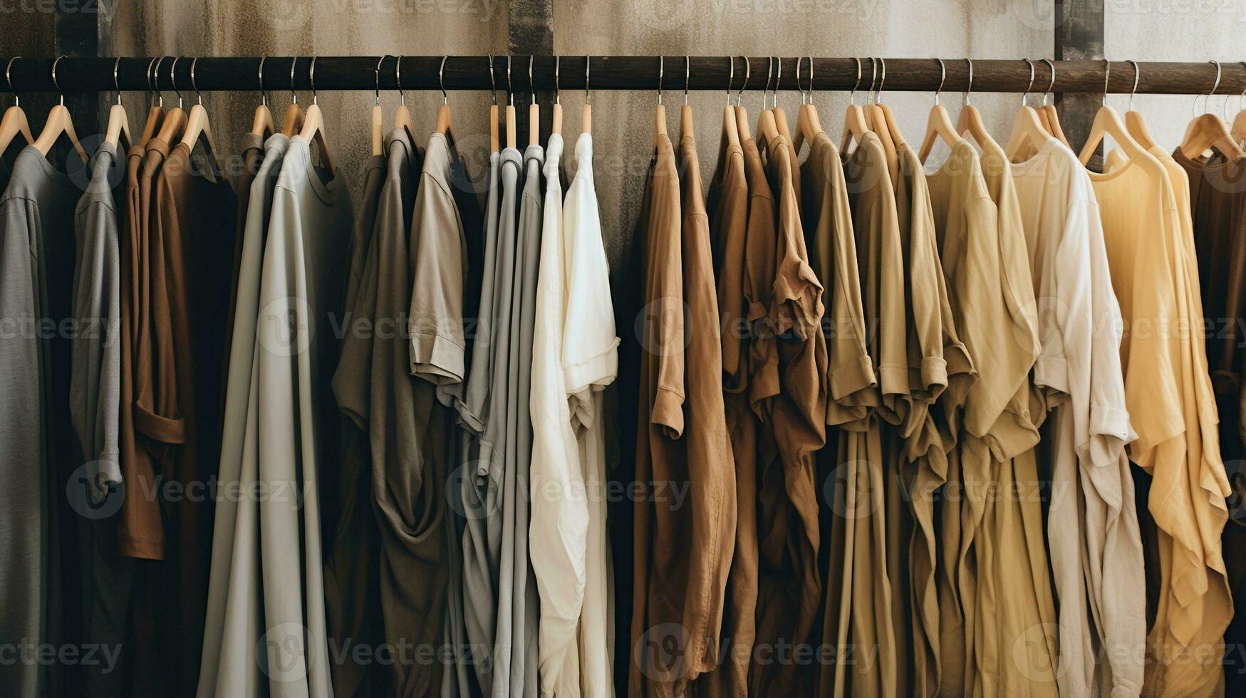 Generative AI, Cloth store aesthetic background, photo of clothes hanging on hangers, muted neutral colors